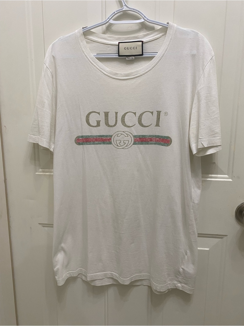 Gucci White T-Shirt with Green and Red Stripe Logo